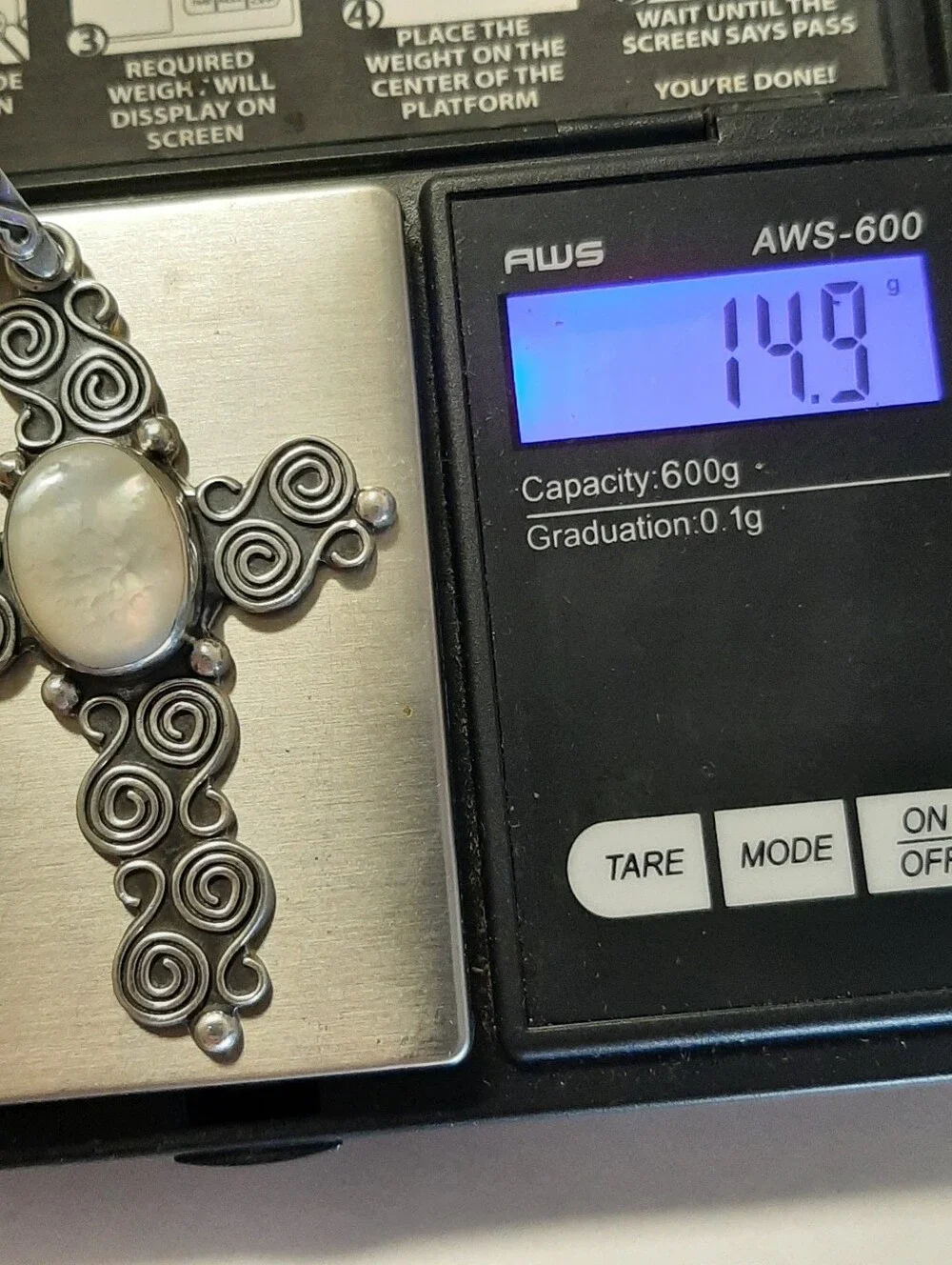 Vintage MSW 925 Sterling Silver Cross Pendant Mexico Stamped Mother Of Pearl